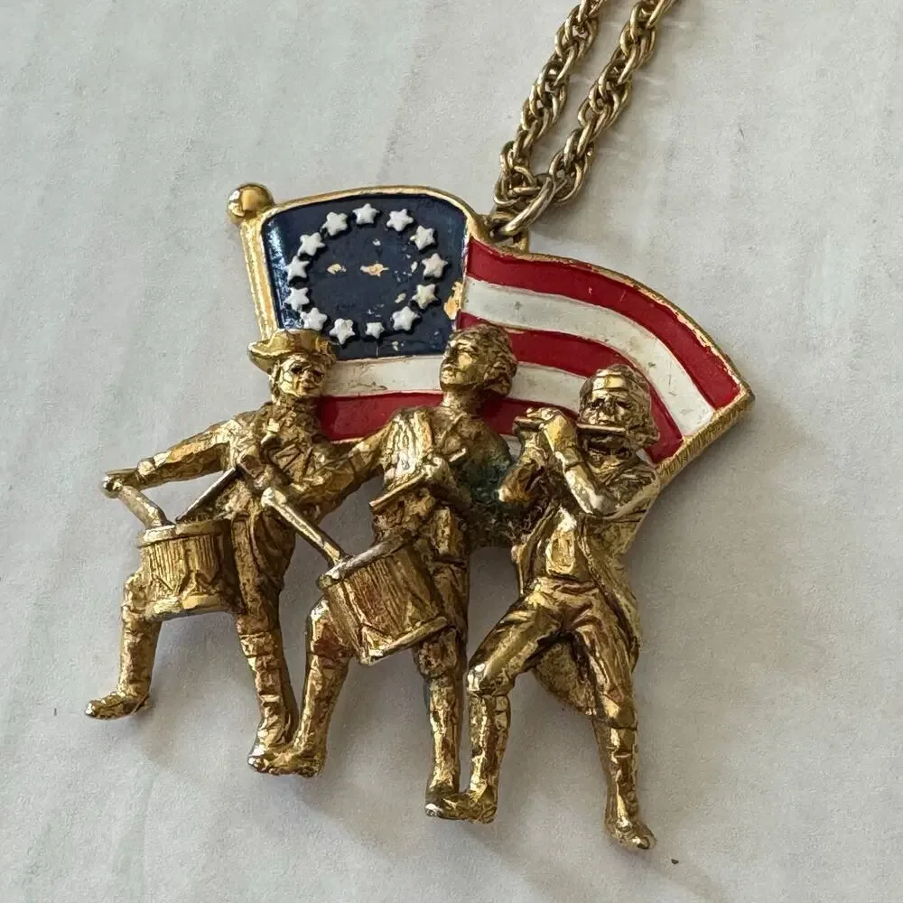 Spirit of 76 Patriotic Necklace Enamel Drummer Trio Flag Pendant w Chain SHP